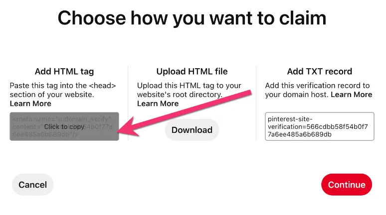 Claim your website on Pinterest HTML tag