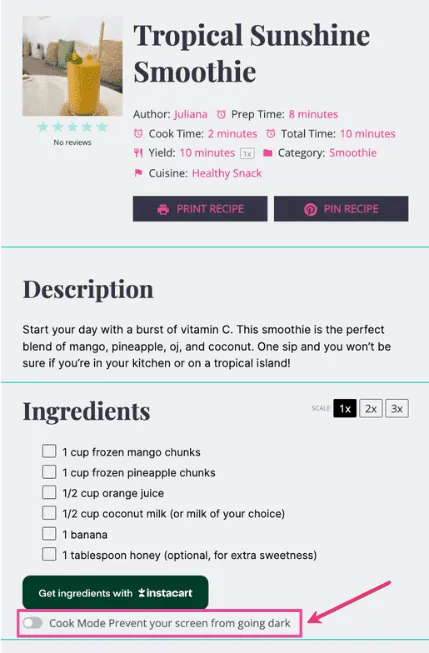 An image showing Cook Mode on a Tasty Recipes recipe card.