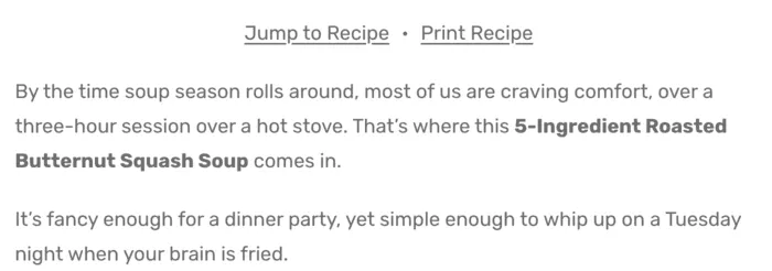 Simple text-based Quick Links for Jump to Recipe and Print Recipe at the top of a recipe post.