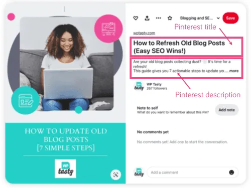 An example of a Pinterest title and description on desktop. The Pinterest title and description appear on the right side of the Pin when clicked on Pinterest.