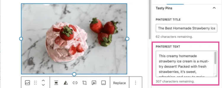 Adding a custom Pinterest description to a WordPress blog using Tasty Pins, shown with a strawberry ice cream image example.
