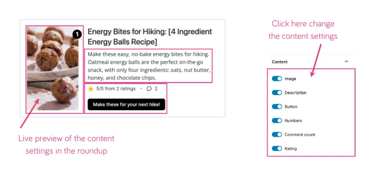 Tasty Roundups 2.0 interface showing a live preview of a recipe card with toggles for content settings such as Image, Description, Button, Numbers, Comment Count, and Rating.