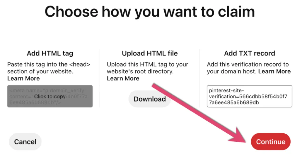 Copy HTML Code to Verify Website on Pinterest