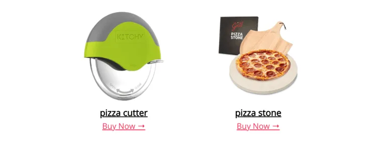 An image showing affiliate links for a Pizza Cutter & Pizza Stone in recipes with Tasty Recipes + Tasty Links WordPress food blog plugins.