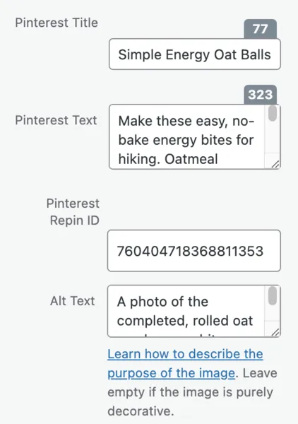 Demonstrating how to add a Pinterest title, description, and alt text for energy oat balls using Tasty Pins.