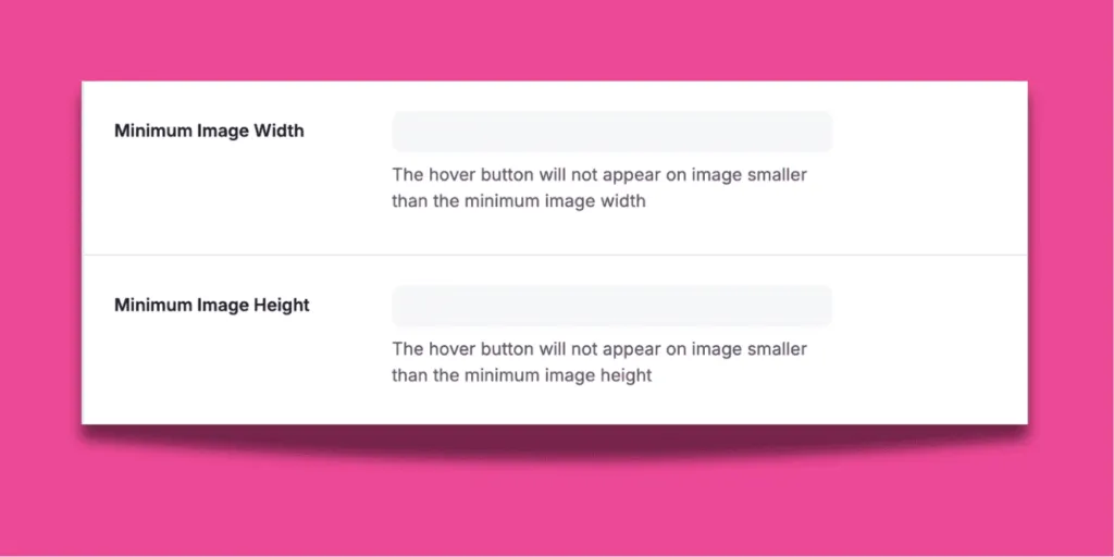 Screenshot showing Tasty Pins settings for Minimum Image Width and Height, used to hide Pinterest buttons on small thumbnail images.