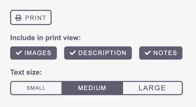 A screenshot showing that after you click the "Print Recipe" button on Tasty Recipes, you're taken to the print preview screen where you can choose to Print. There are other custom print options too for images, description, and notes in the recipes.
The image also shows that you can choose text size in the printed recipe.