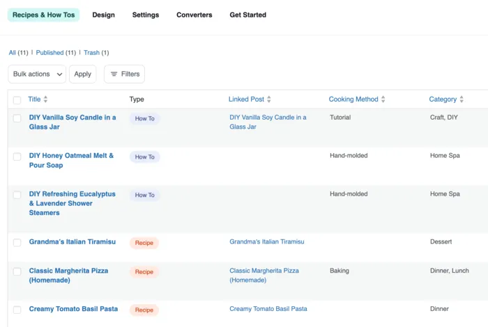 Tasty Recipes 4.0 dashboard showing Recipes and How-To cards listed in WordPress with template types and categories.