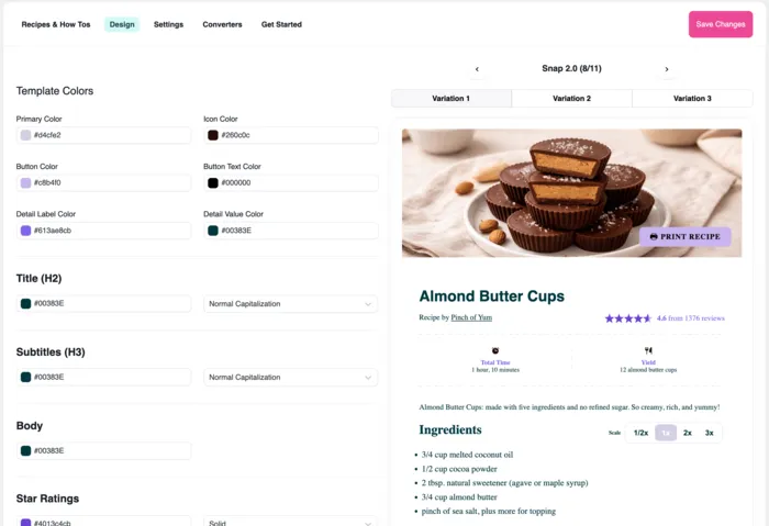 Tasty Recipes 4.0 Design tab with template color controls and live preview of Snap 2.0 Almond Butter Cups recipe card.