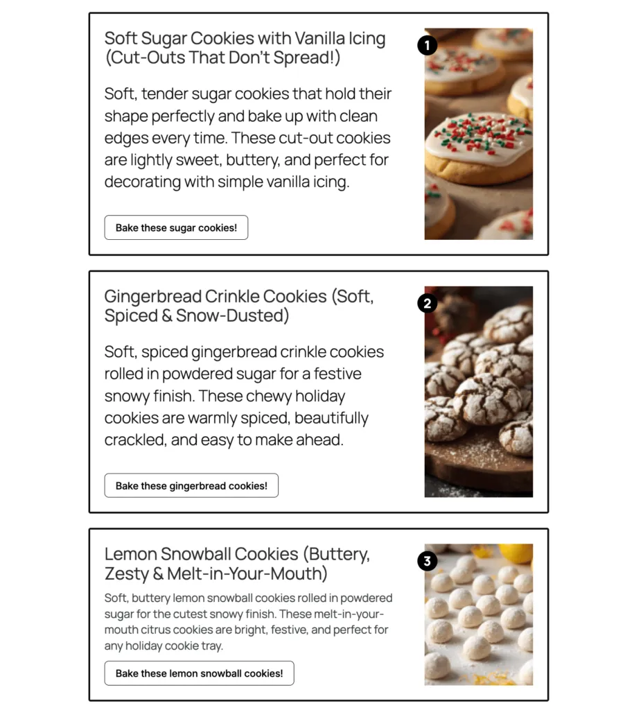 Tasty Roundup block showing cookie roundup with custom buttons and numbered posts.