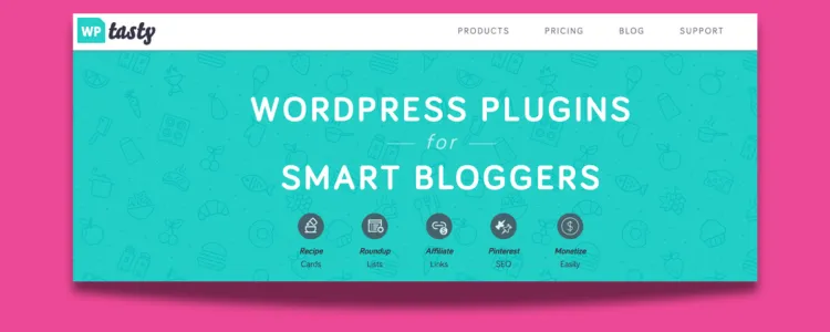 WP Tasty homepage image with a pink background