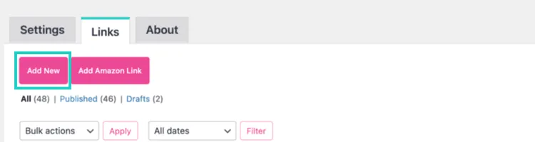 The first step to creating a new affiliate link in Tasty Links is to click Tasty Links, Links, then Add New Tasty Link.