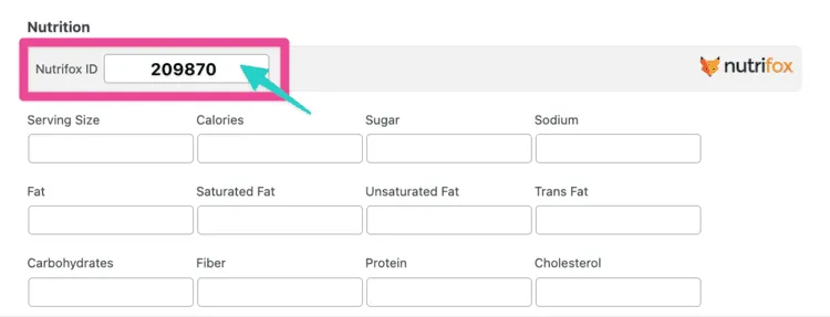 A screenshot showing where you copy and paste your Nutrifox recipe ID into a Tasty Recipes recipe card.