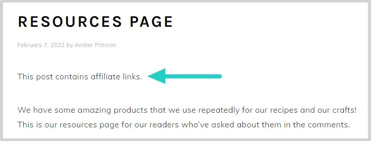 An image showing an example of a disclosure statement at the top of a blog resource page
