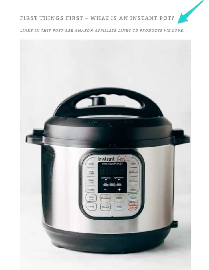 An image showing an affiliate disclosure above an instant pot image