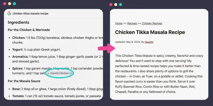 Google AI Mode split-screen: Clicking an attribution chip (left) navigates directly to the source recipe (right).