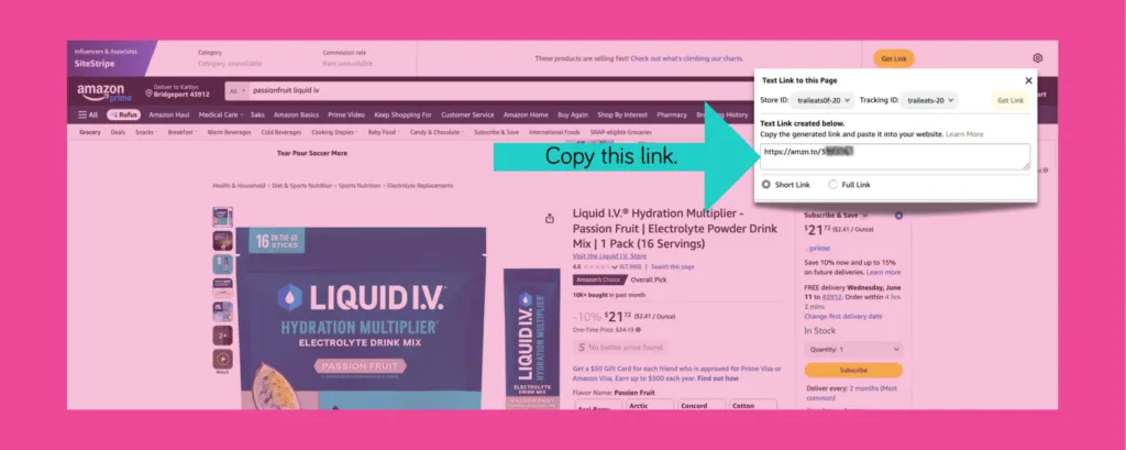 Amazon SiteStripe links with an arrow and instructions pointing to copy the text link.