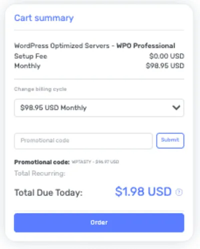 An image showing how much the professional plan with bigscoots costs after using the WPTASTY code.