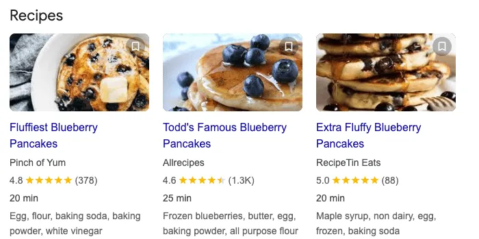 Google search results for basic blueberry pancake recipe showing a food blog recipe carousel at the top of the page with no AI Overview present