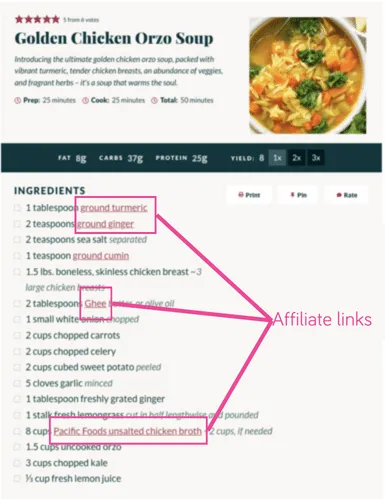 An image of a WP Tasty Recipe Card using affiliate links in a recipe card