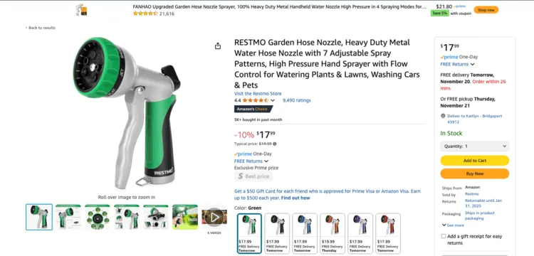 Amazon product page featuring the RESTMO garden hose nozzle with 7 adjustable spray patterns.
