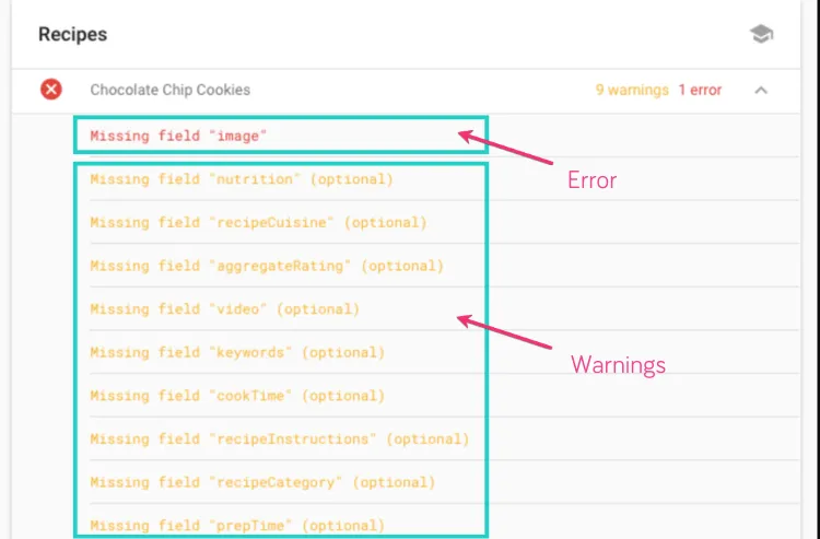 A screenshot showing the difference between an error and warning in a Google rich results analysis. Red text indicates errors while yellow indicates warnings.