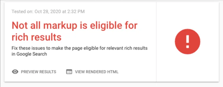 A screen shot showing that the Google Rich Results Test found an error with the page, and that issue is preventing eligibility for rich results in Google search.