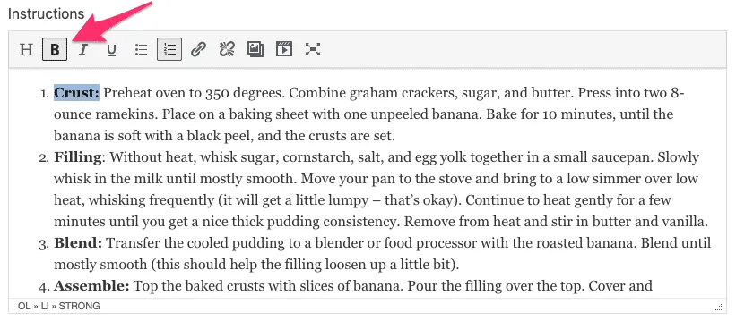 A Tasty Recipes screenshot showing that bolding text adds the instruction step "name" field for Guided recipes