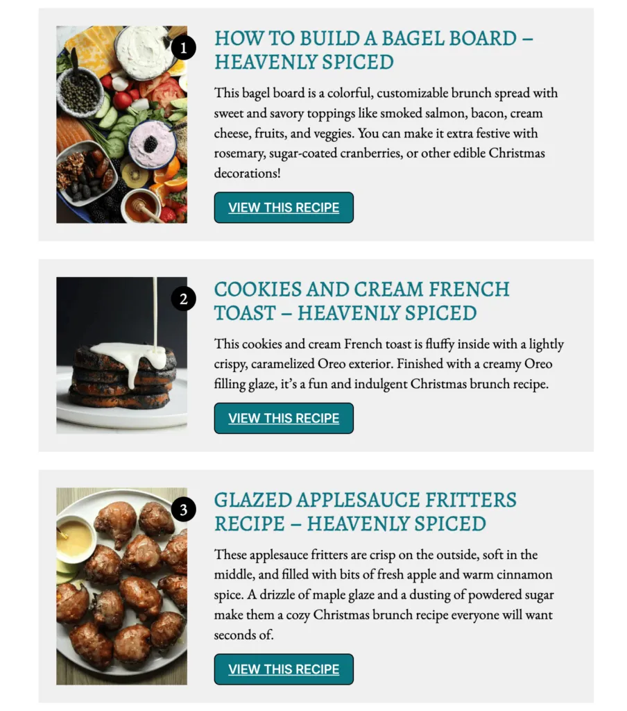 Heavenly Spiced recipe roundup cards that Jenna adds to her holiday blogging workflow.