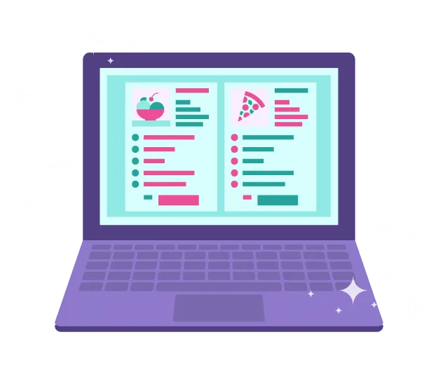 icon of laptop with two graphical recipe cards on the screen