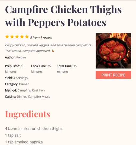 A Tasty Recipes Lite recipe card for Campfire Chicken Thighs with Peppers and Potatoes, showing a star rating, prep and cook times, and an ingredient list