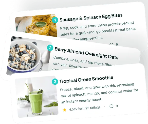 Stacked recipe cards for Sausage & Spinach Egg Bites, Berry Almond Overnight Oats, and Tropical Green Smoothie with ratings and comment counts