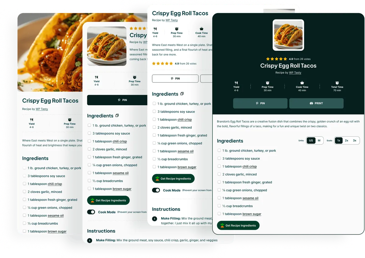 Multiple Tasty Recipes card templates displayed across three styles