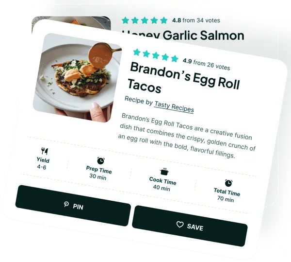 Stacked recipe cards showing Brandon's Egg Roll Tacos with star ratings and recipe details