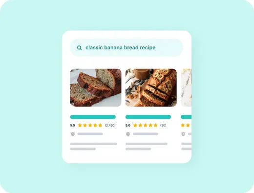 Google search results showing recipe rich results with star ratings and review counts for a banana bread recipe