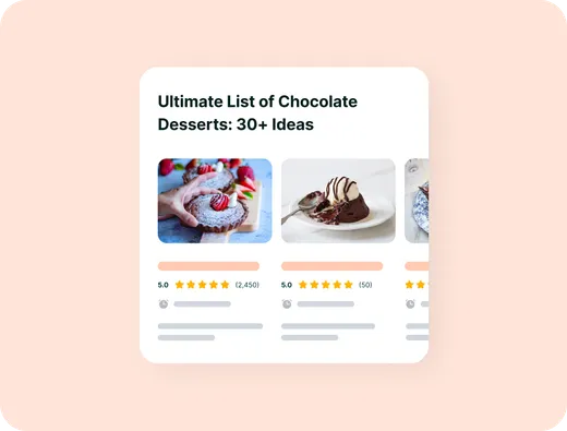 An "Ultimate List of Chocolate Desserts" roundup post showing recipe cards with star ratings in Google search results