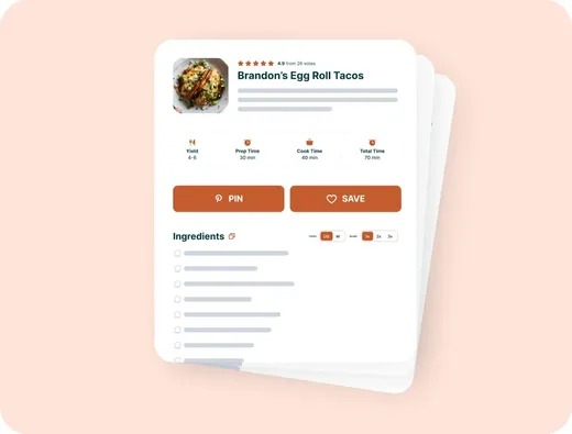 Stacked recipe cards showing ratings, food photo, and recipe metadata