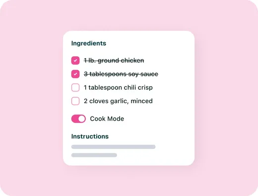 Recipe card showing cook mode with ingredient checkboxes and cook mode toggle