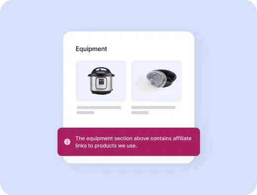 Equipment section with affiliate product cards and an automatic disclosure banner