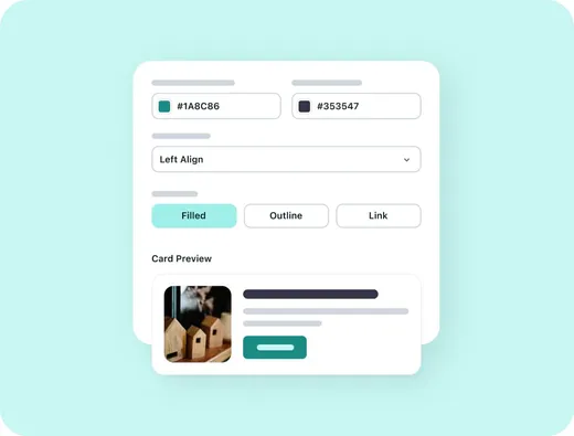 Roundup card style settings showing color pickers, alignment, and filled, outline, and link button style options