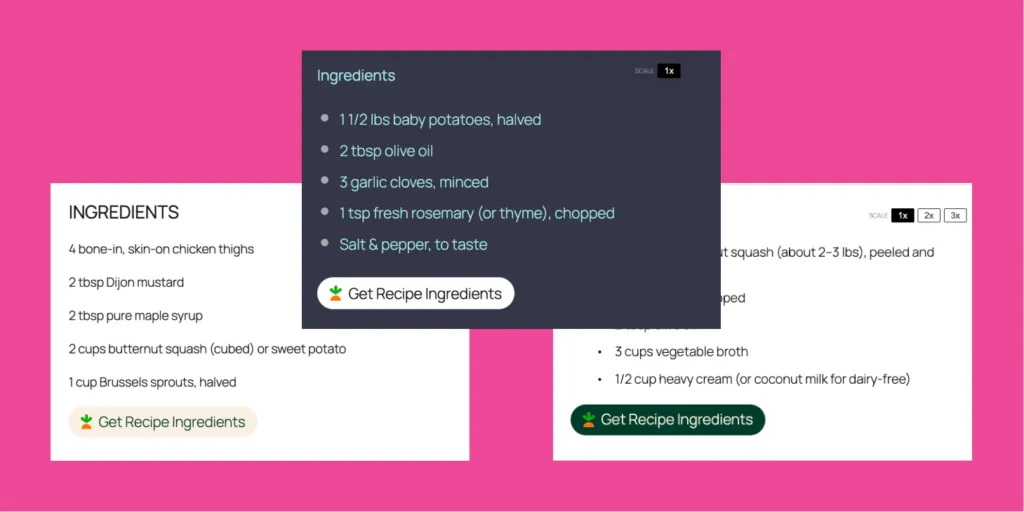 Examples of Instacart “Get Recipe Ingredients” buttons in dark, light, and white styles shown on recipe ingredient lists.