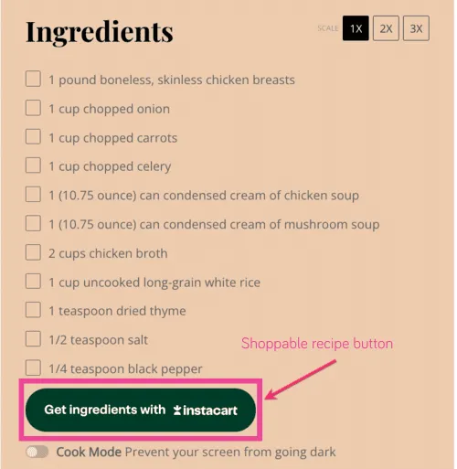 Instacart shoppable button in a Tasty Recipes recipe card