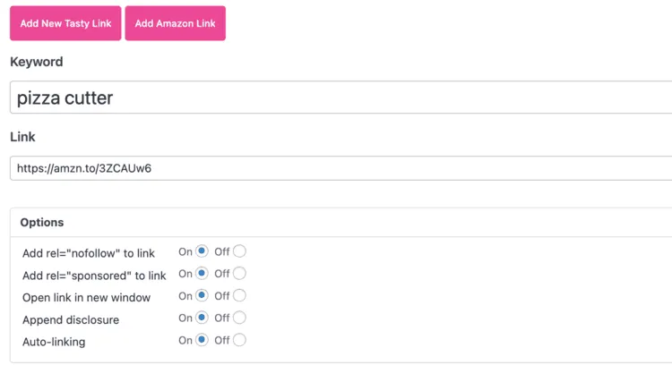 A screenshot example of creating an affiliate link with Tasty Links for an Amazon Pizza Cutter.