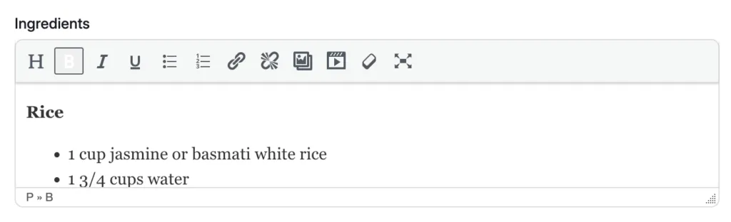 Old Tasty Recipes ingredient box, showing a pasted list running together in one text field instead of separate ingredient lines.