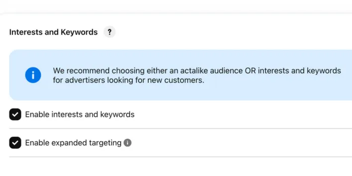 An image showing how to enable interest and keywords for Pinterest ads