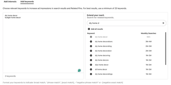 An image showing how to add Pinterest keywords through an ad campaign