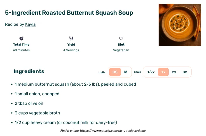 A clean recipe print preview showing automatic scaling options and the blog URL at the bottom for offline brand visibility.