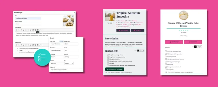 A screenshot showing an image of a Tasty Recipes recipe card template that a food blogger fills out with a recipe. Next to it are two images of recipe card examples of what's created after filling out the template.