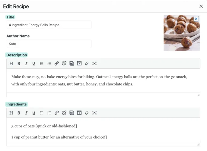 Screenshot of a recipe card editor showing a 4-ingredient energy balls recipe with fields for title, description, and ingredients, optimized for recipe SEO.