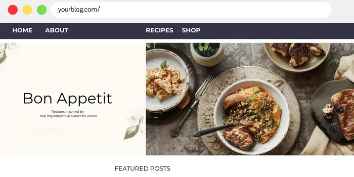 An image showing a recipe website mockup with a top nav menu displaying the Recipe Index